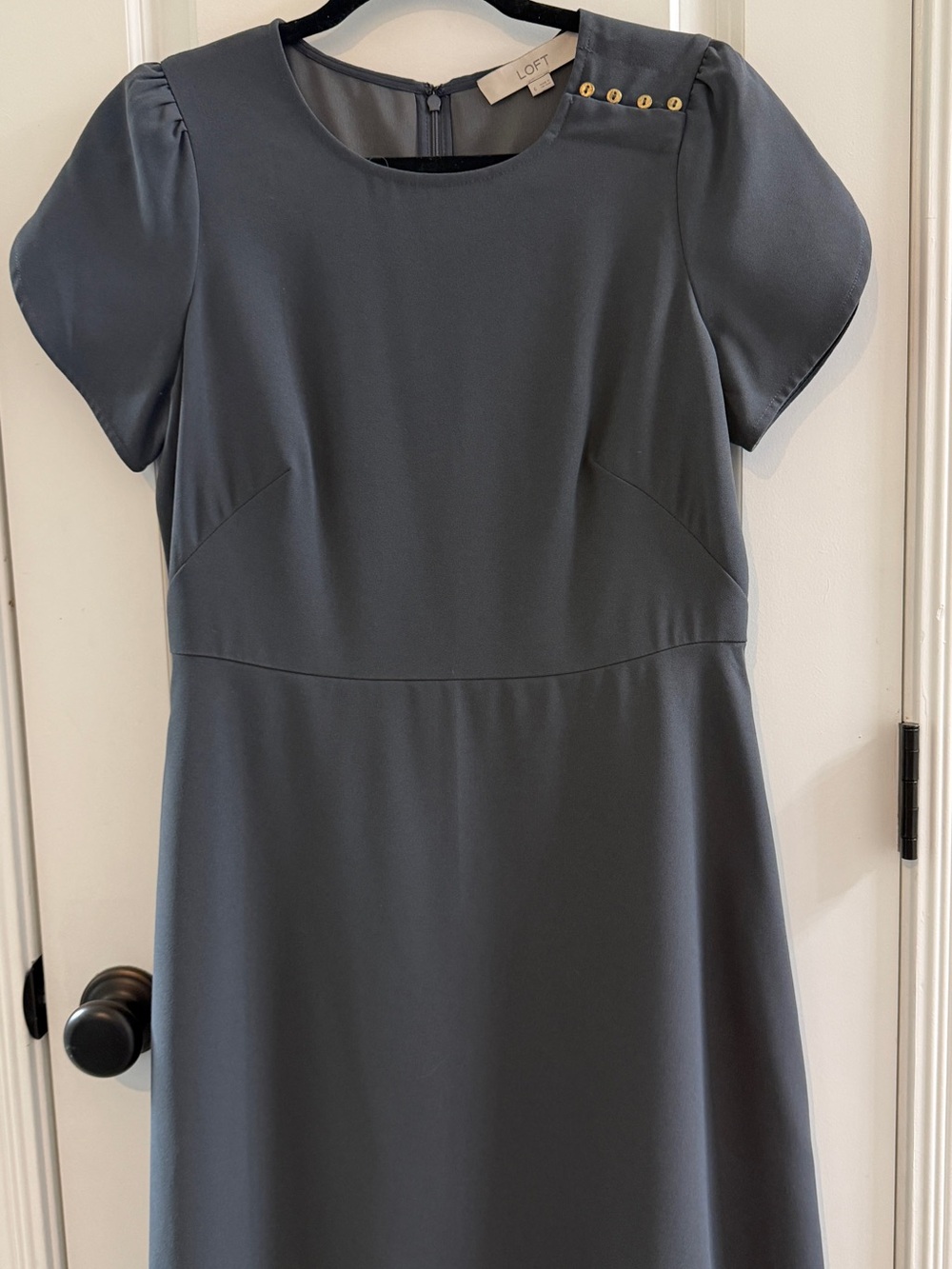 LOFT Charcoal Gray Short-Sleeve A-Line Dress with Button Detail